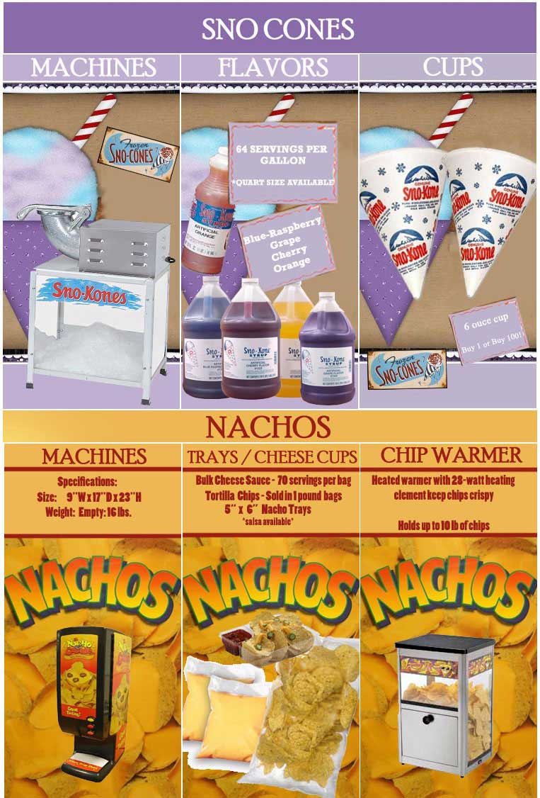 concessions, popcorn, cotton candy, snow cone, nachos, pretzels